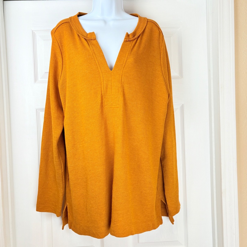 Wonderly‎ Womens XL Tunic Top Orange Waffle Knit Thermal Split Neck Long Sleeve